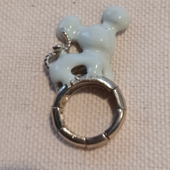 NWOT White Pink Ceramic Golden Rhinestone Mouse Heart Stretchy Fashion Ring - Picture 3 of 11